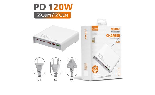 LDNIO Q605 120W 6 Ports USB C PD Tablet Laptop Fast Charger Multi-port High Power Desktop Charger US EU UK Plug Charger Adapter - White